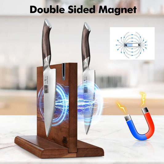 HOSHANHO Magnetic Knife Block with Sharpener, Double-Sided Strong Magnetic Knife Holder, Natural Acacia Wood Magnetic Knife Holder for Kitchen