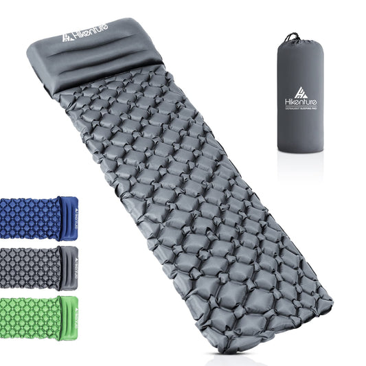 HIKENTURE sleeping pad for camping, trekking, and backpacking. Inflatable air mattress with small pack size and ultralight design. Grey with pillow.
