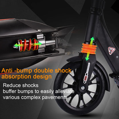 Adult Kick Scooter with Big Wheels, Dual Suspension, Folding Design, Anti-Slip PU, Double Shock Absorption System with Disc & Hand Brake, 150kg Capacity.