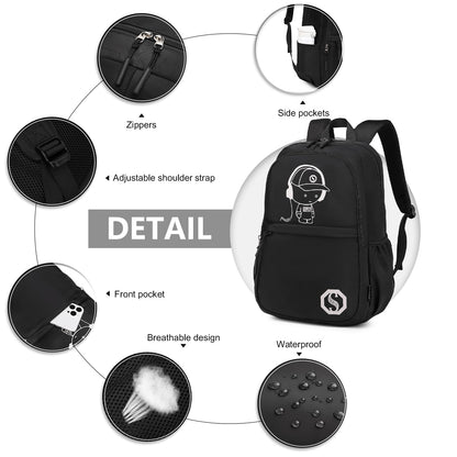 KONO Luminous School Backpack 3-in-1 Set, Anime Boys School Bag Shoulder Bag Pencil Case, 15.6" Laptop Backpack for Student Teenage Girls (Black)