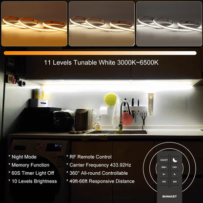 COB LED strip 6m 24V dimmable white, BUNACET LED bar band stripes light strip warm white 3000K-6500K cool white 3456 LEDs, with power supply RF remote control & APP Bluetooth for kitchen bedroom decoration