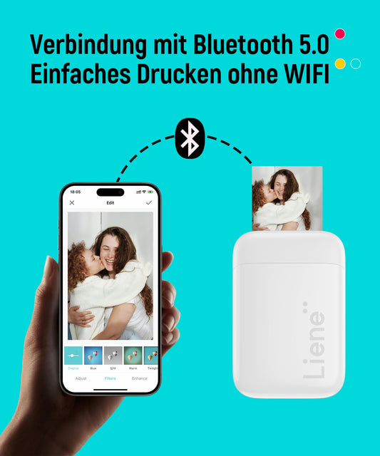 Liene Pearl K100 Mini Photo Printer for Smartphone (5x7.6cm) - with 50 sheets of Zink photo paper with sticky backing, 300DPI Bluetooth instant printer compatible with iOS & Android, built-in battery