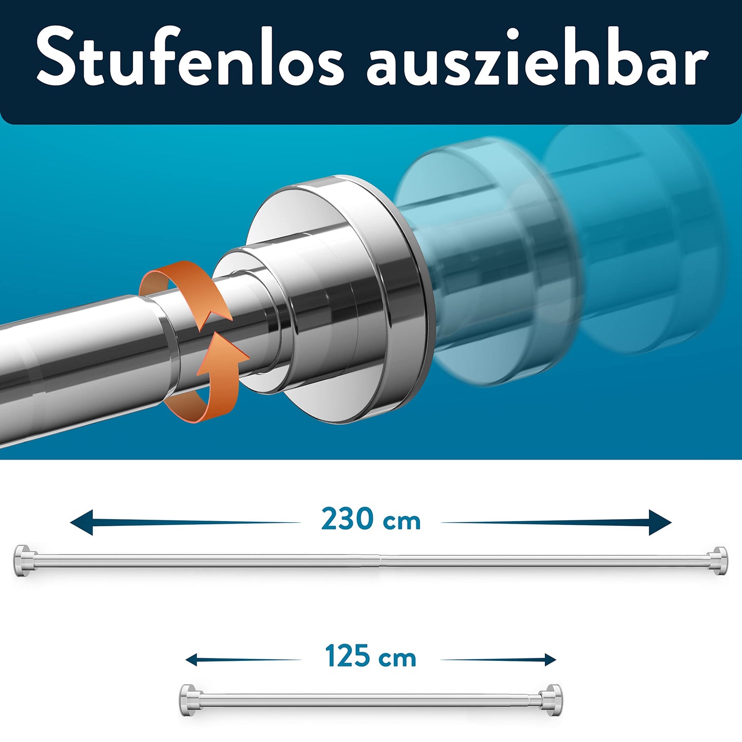 Benkstein® extendable shower rod without drilling 125-220 cm - Stainless steel curtain rod with 12 rings - Telescopic tension rod stable curtain rod without drilling shower rod curtain rod without drilling
