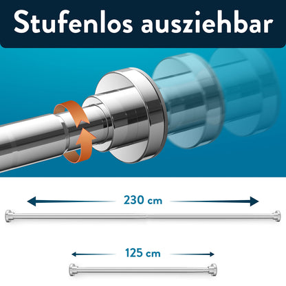 Benkstein® extendable shower rod without drilling 125-220 cm - Stainless steel curtain rod with 12 rings - Telescopic tension rod stable curtain rod without drilling shower rod curtain rod without drilling