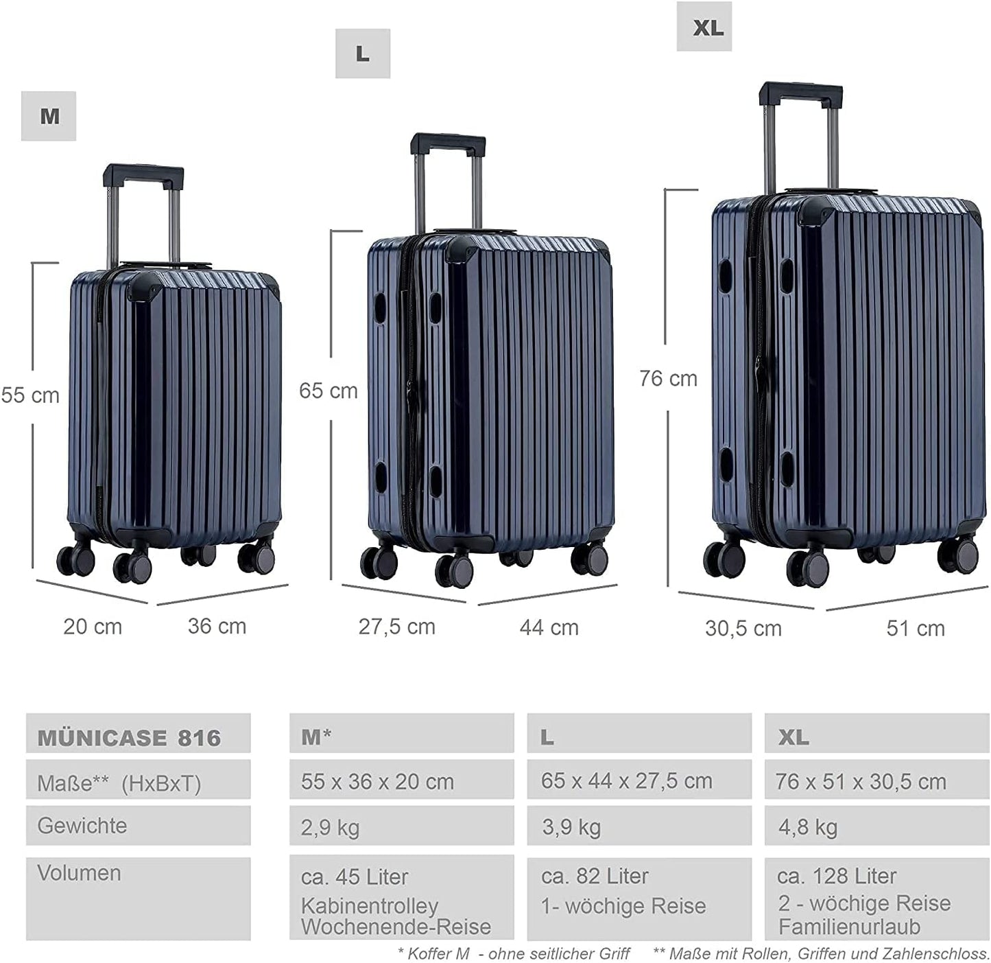 Münicase M816 TSA lock suitcase travel luggage trolley set hard shell board case (navy blue, 3-piece set)