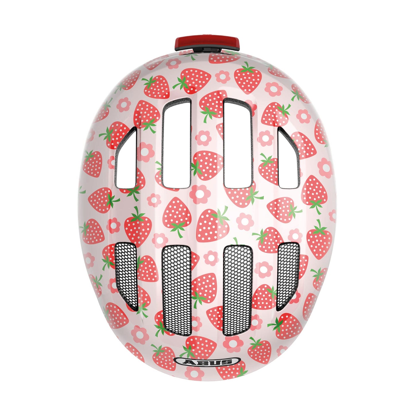 ABUS Kids Helmet Smiley 3.0 LED - Bike Helmet with Light - snug fit for ponytails - for girls and boys - Pink with Strawberry design, Size S, S (45-50 cm)