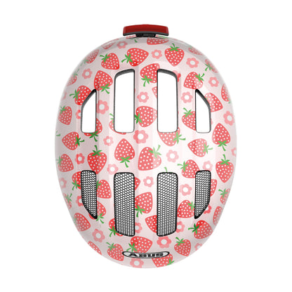 ABUS Kids Helmet Smiley 3.0 LED - Bike Helmet with Light - snug fit for ponytails - for girls and boys - Pink with Strawberry design, Size S, S (45-50 cm)