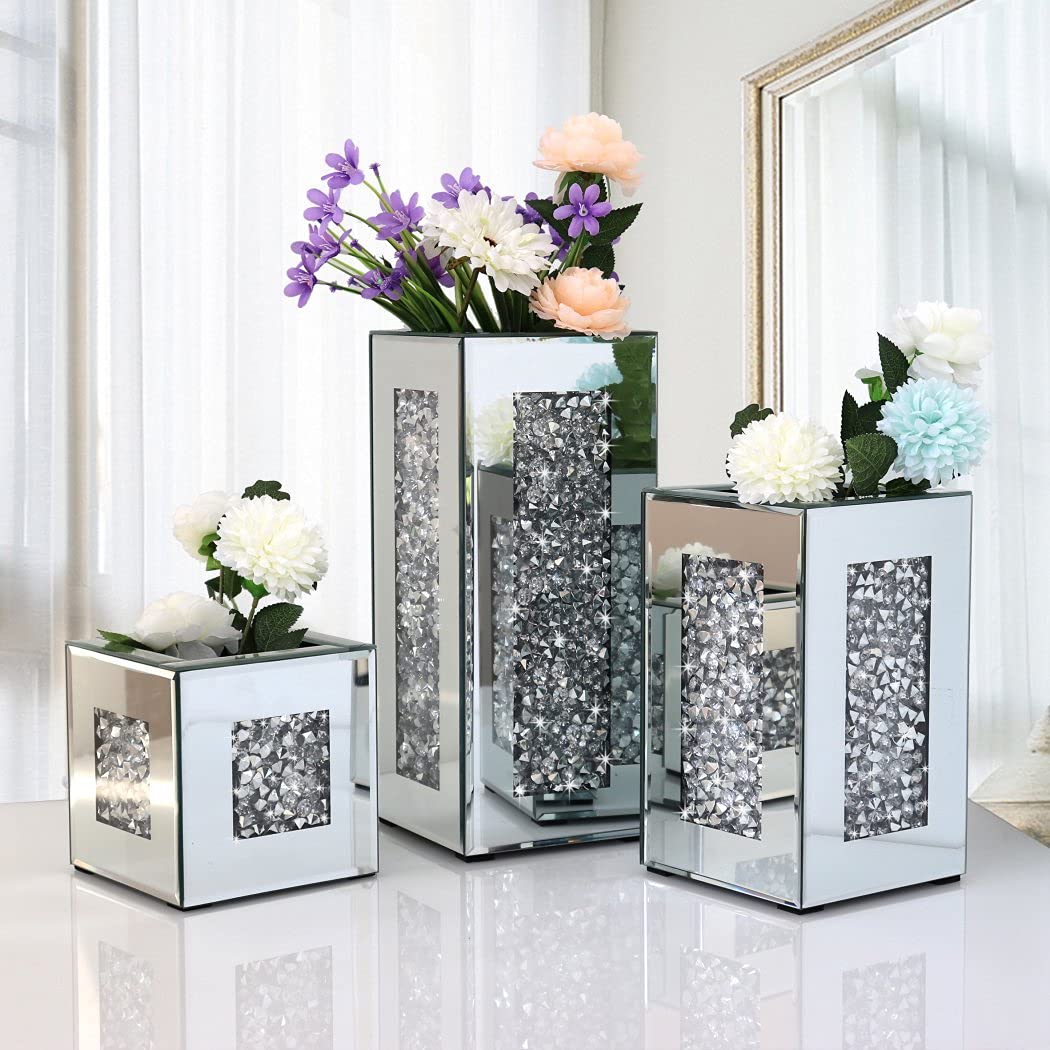 Glass vase, mirrored, crystal glass, 15.2 x 15.2 x 15.2 cm, decorative, flower, luxurious, for home decor, cannot hold water.