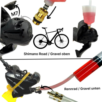Shimano Hydraulic Mineral Oil 100ml + F26 Disc Brake Maintenance Service Kit for MTB Ebike Tour Road Bike Gravel Disc, including bleeding set, 3in1 bleed block, filling bottle funnel with M5 M7 M6 connection.
