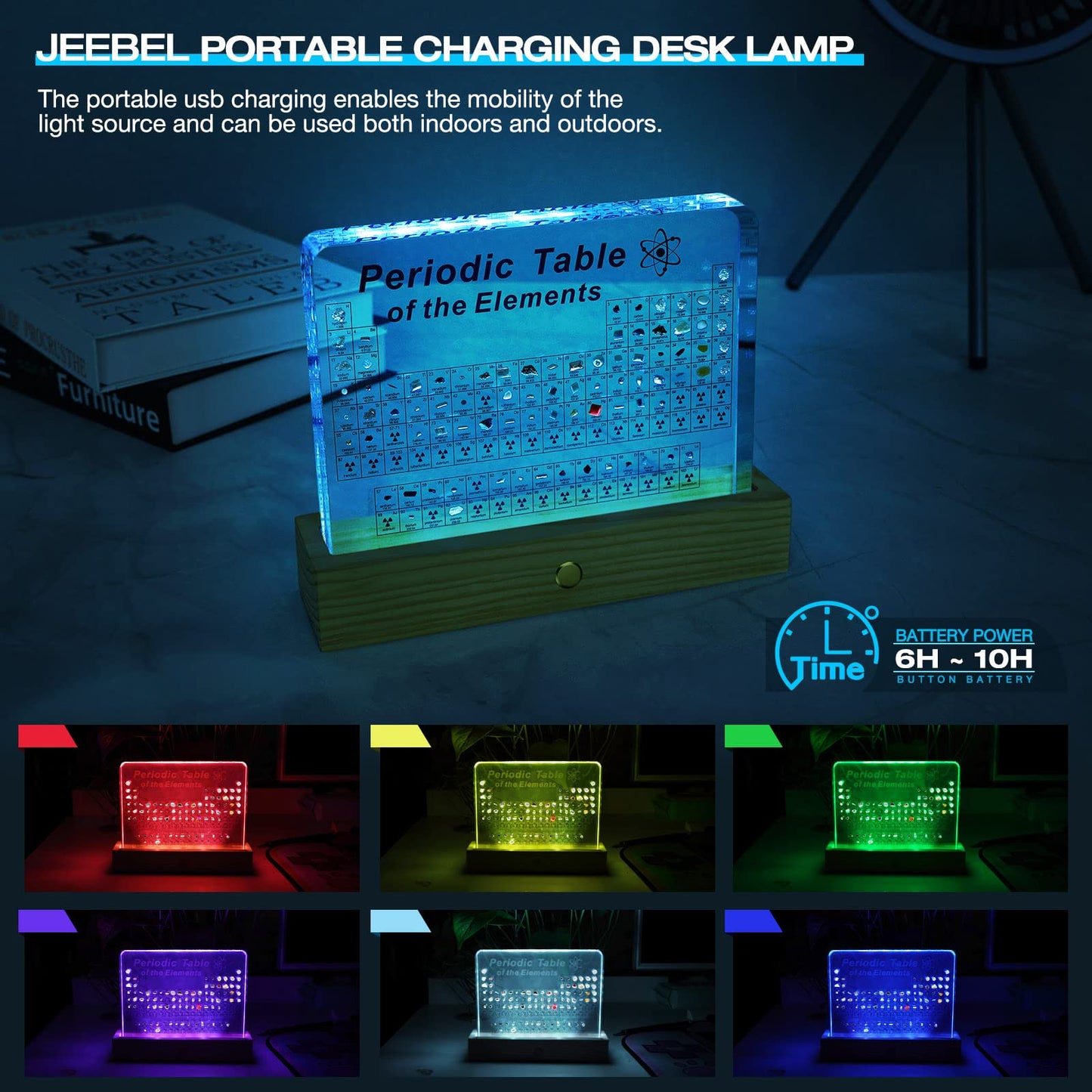Jeebel Periodic Table of Real Elements, LED acrylic periodic table lamp with 83 real element samples, a great educational tool for crafting and creative gift for students, teachers, and children.