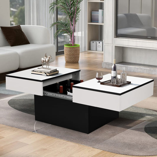 VOWNER Coffee Table, Modern Coffee Table, Extendable Desk, Living Room Table with 2 Storage Spaces, High Gloss Finish, Living Room Table 129 x 58 x 40 cm (White)