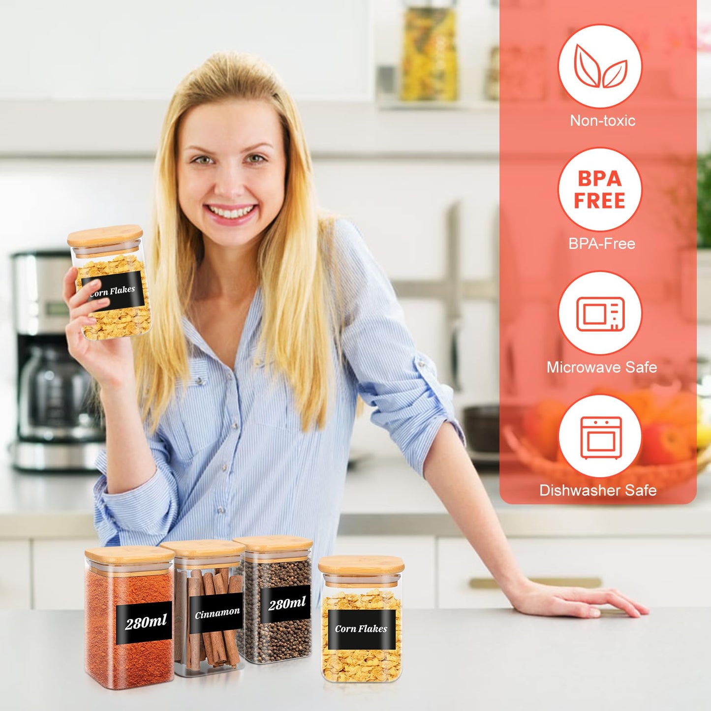 YUTUY Glass Storage Jars 12-Piece Set,Square Glass Jars with Lid,Glass Containers with Wooden Lid for spices, herbs, muesli, beans.