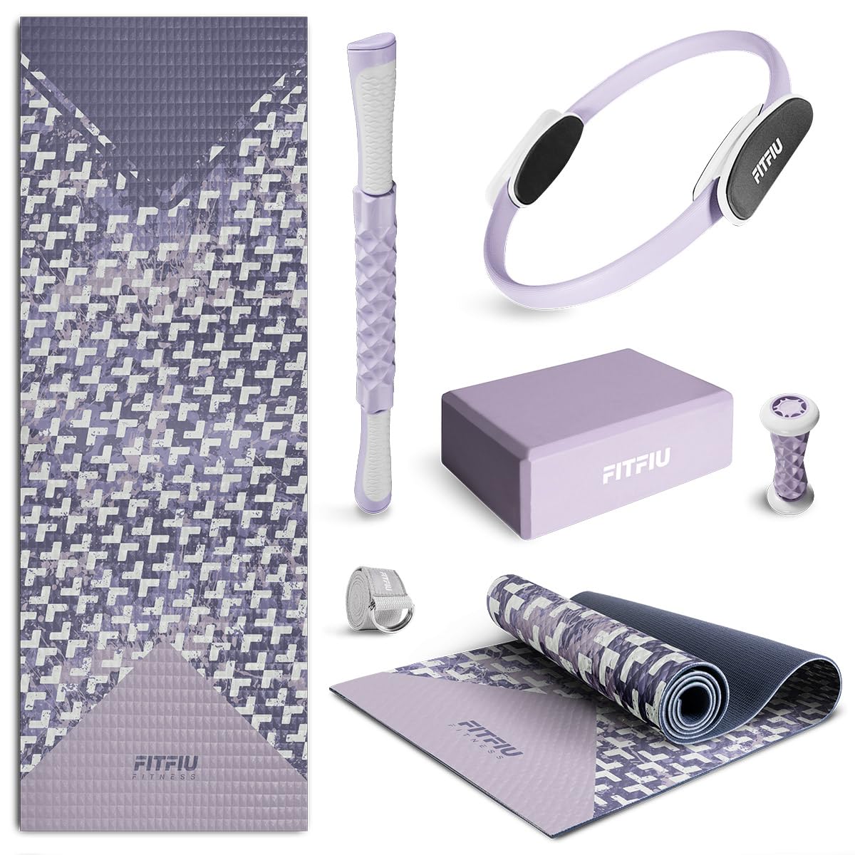 Fitfiu Fitness KITWELL-601-6-Pack Yoga and Pilates accessories in Purple with mat, ring, block, foot massager, massage stick, and yoga strap. Unique geometric design.