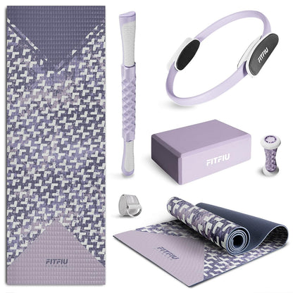 Fitfiu Fitness KITWELL-601-6-Pack Yoga and Pilates accessories in Purple with mat, ring, block, foot massager, massage stick, and yoga strap. Unique geometric design.