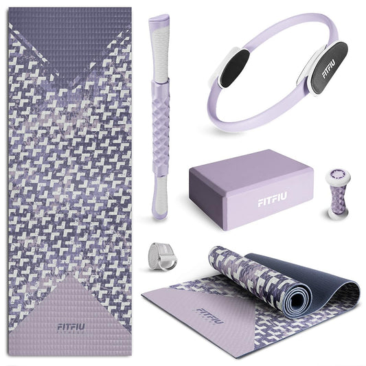 Fitfiu Fitness KITWELL-601-6-Pack Yoga and Pilates accessories in Purple with mat, ring, block, foot massager, massage stick, and yoga strap. Unique geometric design.