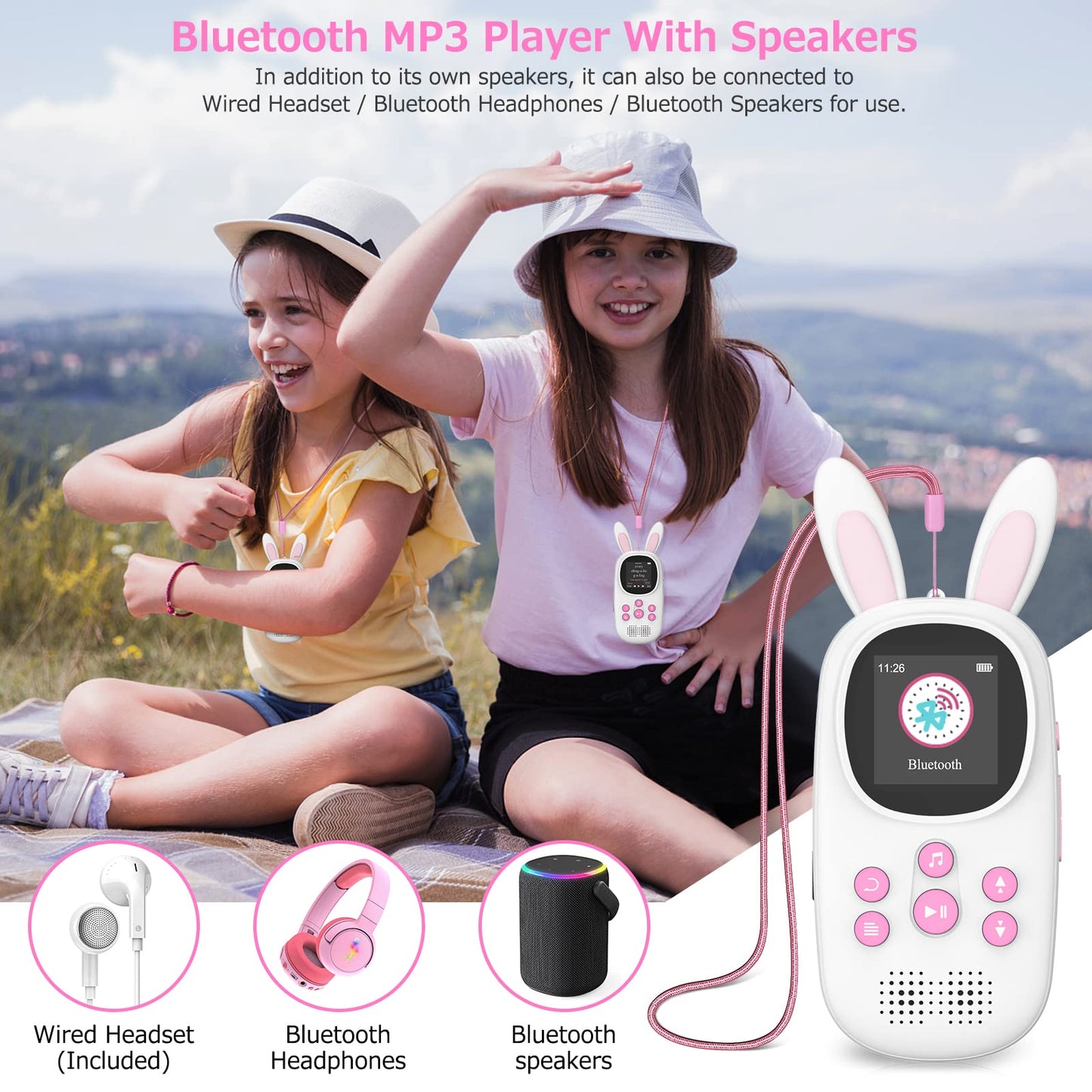 32GB Bluetooth MP3 Player for Kids, Cute Bunny Children's Music MP3 Player with Headphones & Speaker, MP3 Player with FM Radio, Recording, Alarm, Pedometer, Stopwatch, Supports up to 128GB.