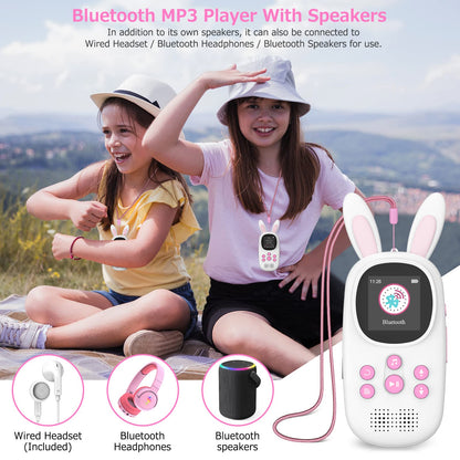 32GB Bluetooth MP3 Player for Kids, Cute Bunny Children's Music MP3 Player with Headphones & Speaker, MP3 Player with FM Radio, Recording, Alarm, Pedometer, Stopwatch, Supports up to 128GB.