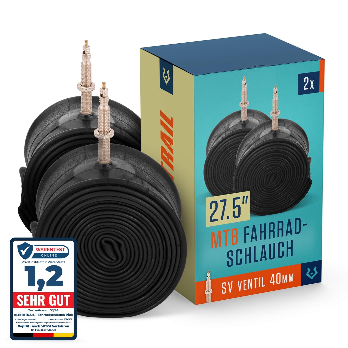 Alphatrail MTB bike tube Rick 27.5 inch SV French Valve 2X Set with mobility guarantee I Compatible with bike tires Schwalbe, Continental, Conti, Maxxis, Onza & Michelin bike tube.