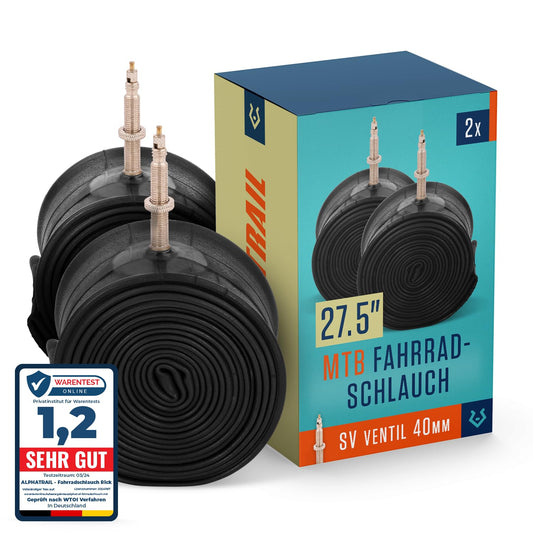 Alphatrail MTB bike tube Rick 27.5 inch SV French Valve 2X Set with mobility guarantee I Compatible with bike tires Schwalbe, Continental, Conti, Maxxis, Onza & Michelin bike tube.