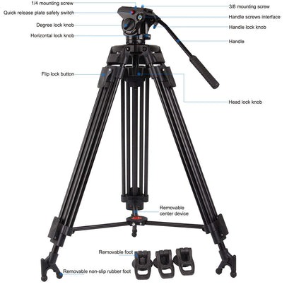 POLAM-PHOTO 163cm Professional Video Tripod with Fluid Head, High-performance Aluminum Double Tube Tripod, Load Capacity 8kg, Durable Tripod for Video Cameras