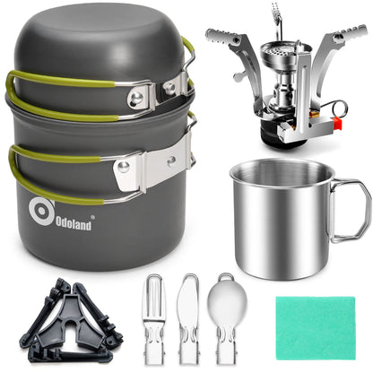 Odoland camping cookware set, pots and pans with compatible mini stove, cup, fork, knife, spoon, stainless steel, for outdoor, picnic, camping.