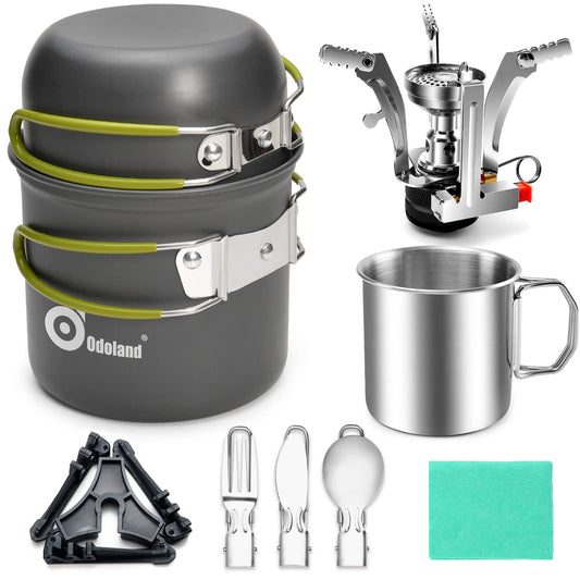 Odoland camping cookware set, pots and pans with compatible mini stove, cup, fork, knife, spoon, stainless steel, for outdoor, picnic, camping.