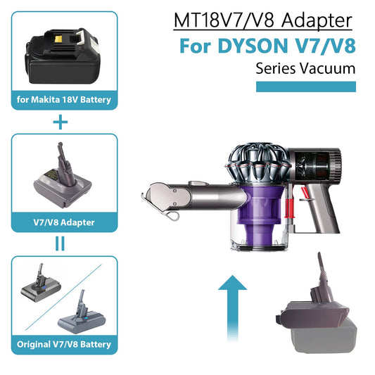 Adapter MT18V7/V8 allows you to use Makita 18V Lithium Battery on Dyson V7 V8 Animal Fluffy Motorhead Handheld Vacuum.