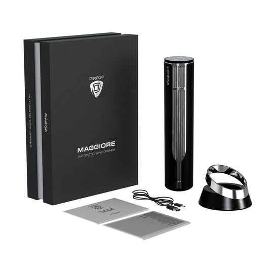 Prestigio Maggiore Corkscrew Electric - Premium Wine Bottle Opener with Charging Station - Built-in Foil Cutter - Packaged in high-quality gift box - Black/Silver