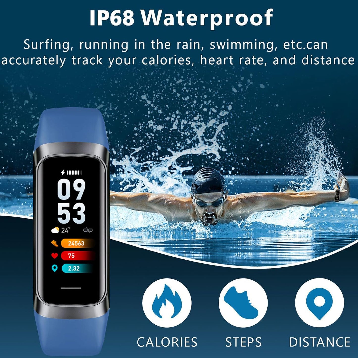 Fitness tracker for men and women, 24/7 heart rate, step counter, IP68 waterproof activity tracker with 25 sport modes, 1.1-inch AMOLED touch color screen for Android and iOS phones.