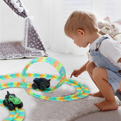 CREAMKIDS Dinosaur Race Track, Glow-in-the-dark track with suction cup, 2 dinosaur race cars with lights, Christmas and birthday gift for kids aged 3+ (291 pieces)