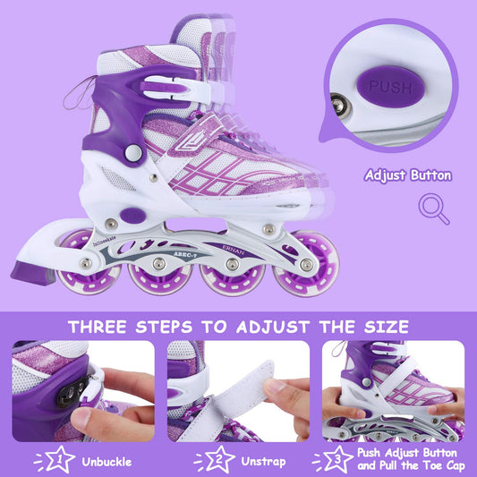 Girls' adjustable 4-size inline skates with all glowing wheels for kids girls (Purple, S (EU28-32))