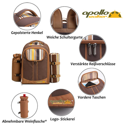Apollo Walker picnic backpack for 2 people picnic set (set & blanket) thermal bag coolers for camping, beach, hiking Brown