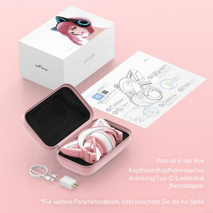 YOWU RGB Cat Ear Headphone 3S Wireless 5.0 Foldable Gaming Headset with built-in microphone & customizable lighting and effects through app, Type-C charging audio cable, for PC Laptop Mac Smartphone (Pink)