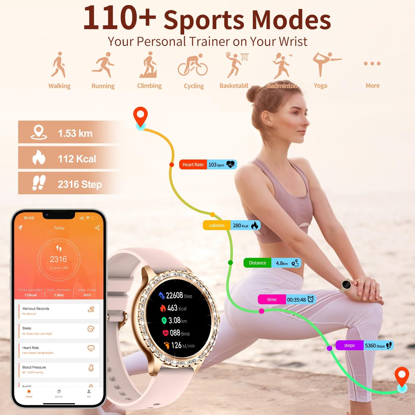 The Fitonyo smartwatch for women with phone function and diamond design features a 1.32" round HD display, call capability, and 120+ sports modes. Compatible with Android and iOS devices.
