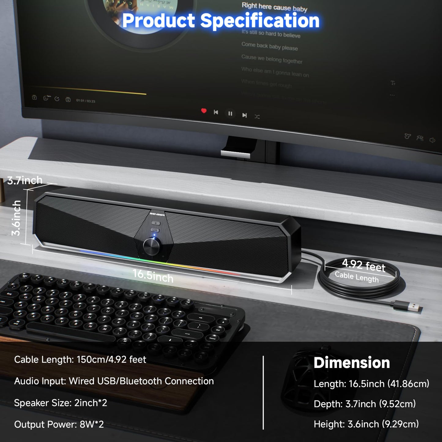 SENZER CS30 PC speakers, speakers for PC computer, black PC soundbar, USB powered, and Bluetooth mode for smartphones and mobile devices. Works for PC (not 3.5mm jack).