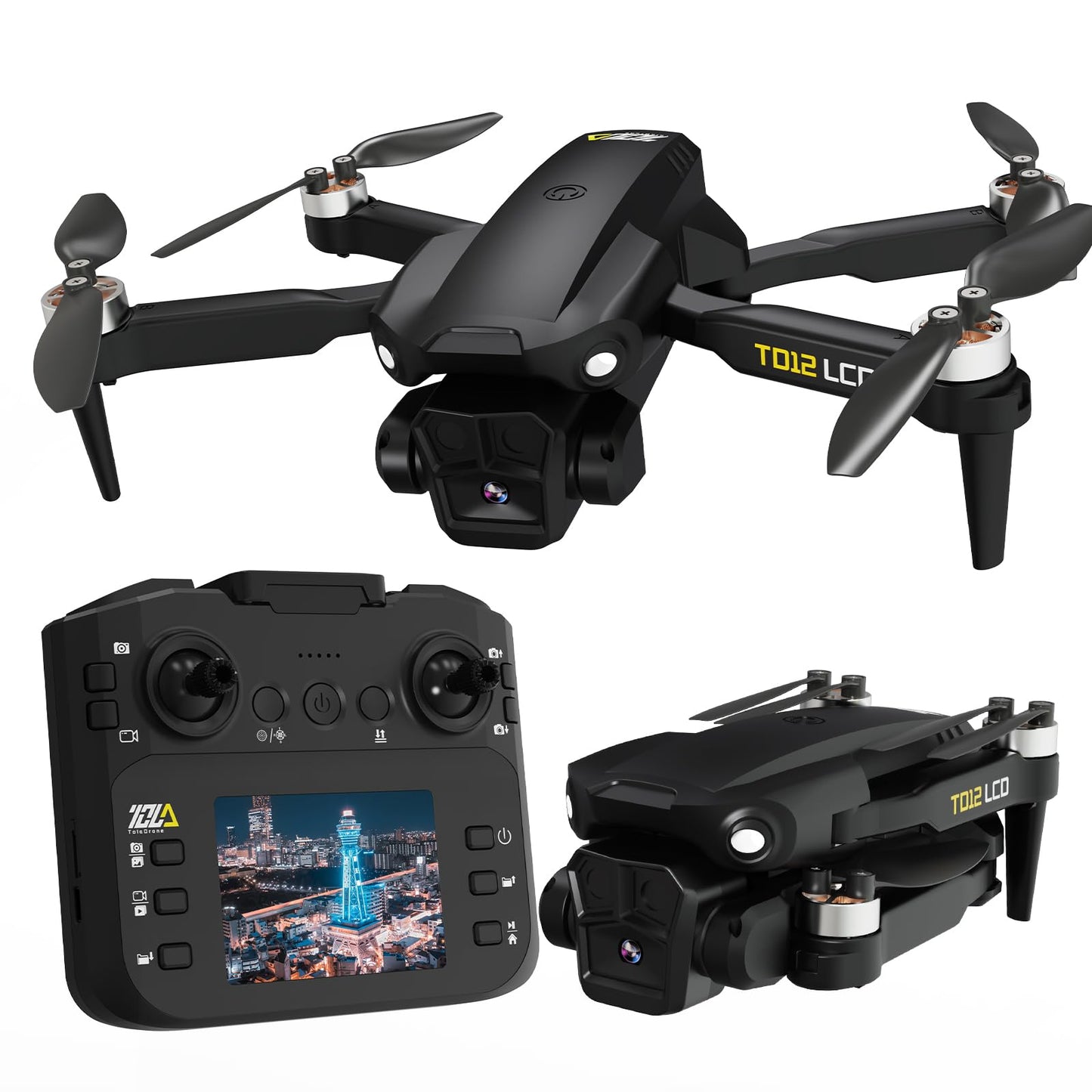 Toladrone TD12LCD Drone with Camera, Foldable RC Drone with LCD Screen Remote Control, Brushless Motor, Drone with Optical Flow Positioning, Drones for Adults, Quadcopter for Beginners