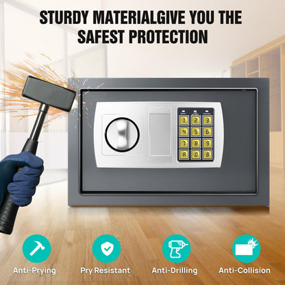 Safe fireproof waterproof safe with combination lock and 2 keys. Made of steel, wall safe for home, office, school, hotel. Dimensions 31x20x20cm, 8.5L capacity. Color: Gray.