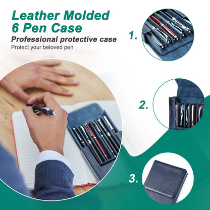 Hiram leather fountain pen case for 6 pens, Portable leather pen storage box with hidden magnetic snap closure design (Blue)
