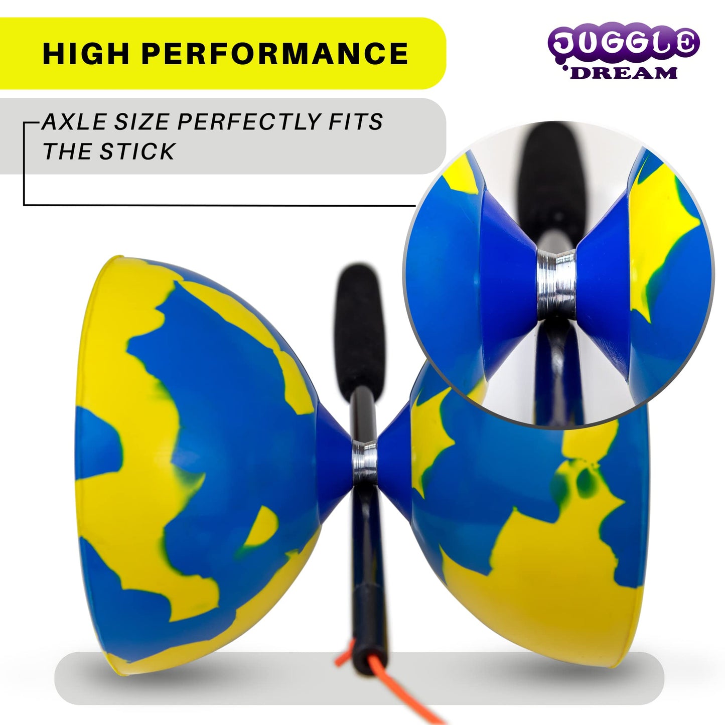 Juggle Dream Jester Diabolo Set - Fixed axle professional diabolo with Superglass handsticks, online learning video - juggling toy (Blue/Yellow)