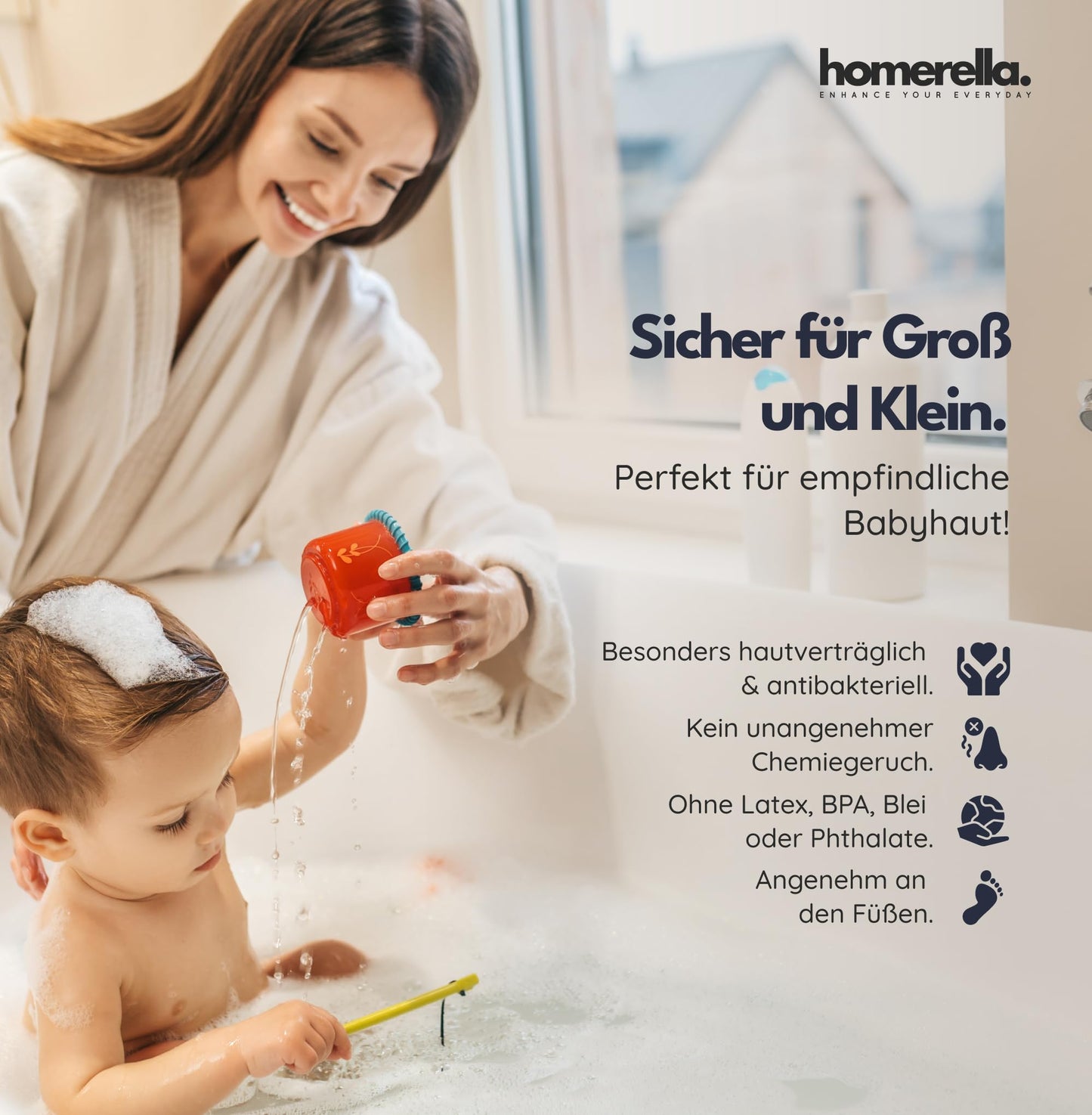 homerella® non-slip bathtub mat 88x39cm, INCLUDES HOOK, Non-slip bath mat BPA free, Non-slip shower mat, Anti-slip bathtub mat, Non-slip bathtub mat, mold resistant & machine washable