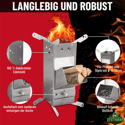 Zentorno Rocket Stove 2023 with carrying bag | Outdoor stainless steel wood stove [rustproof] Camping stove for pans and pots with Ø 15-25cm | Rocket Stove, (WMCP06-SF4)