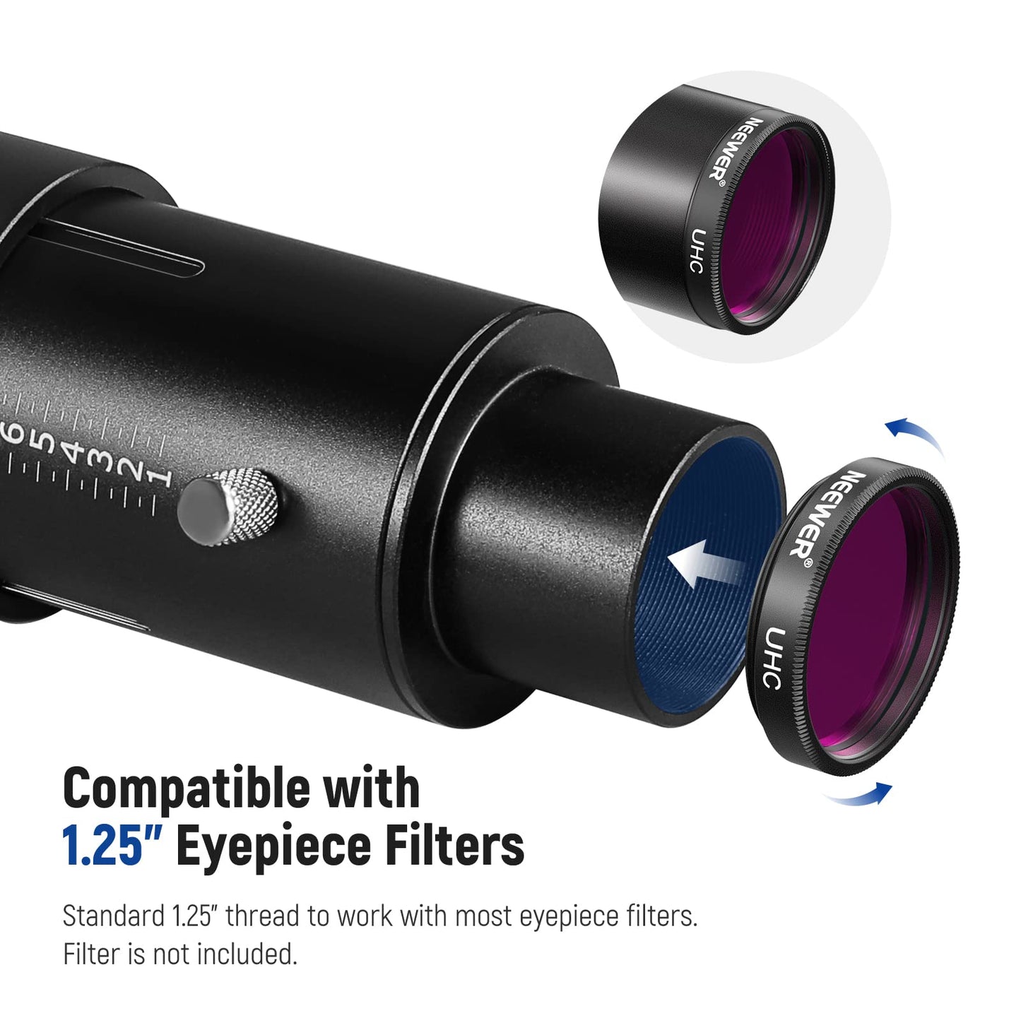 NEEWER Variable 1.25" Telescope Camera Adapter and 1.25" Extension Tube Set, compatible with Nikon DSLR cameras and telescope eyepiece for prime focus and eyepiece projection astrophotography.