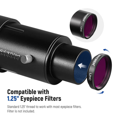 NEEWER Variable 1.25" Telescope Camera Adapter and 1.25" Extension Tube Set, compatible with Nikon DSLR cameras and telescope eyepiece for prime focus and eyepiece projection astrophotography.