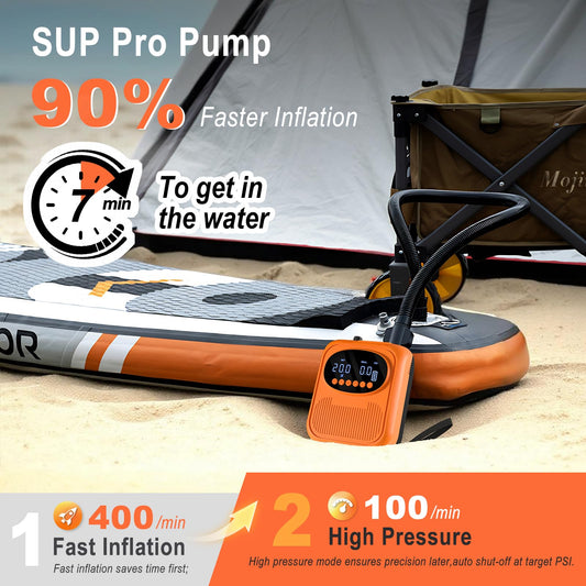 Mojimdo Electric SUP Pump 20PSI, with Battery, 5 Modes & Custom Mode, Compact with Carry Strap, Auto-Off & Pa/PSI Switch, Air Pump for Kayaks, Tents, Mattresses, Swim Rings