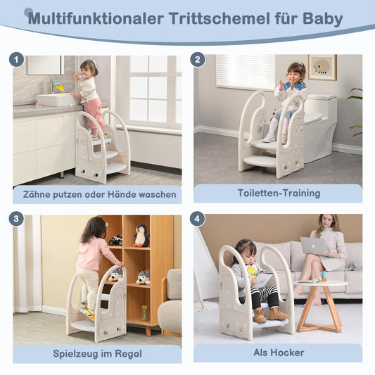Onasti Kids Step Stool, Three-Step Height Adjustable Toddler Step Stool with Comfortable Handrail, Multi-Functional, Anti-Slip, Suitable for Ages 1.5 to 6 Years - (Grey)