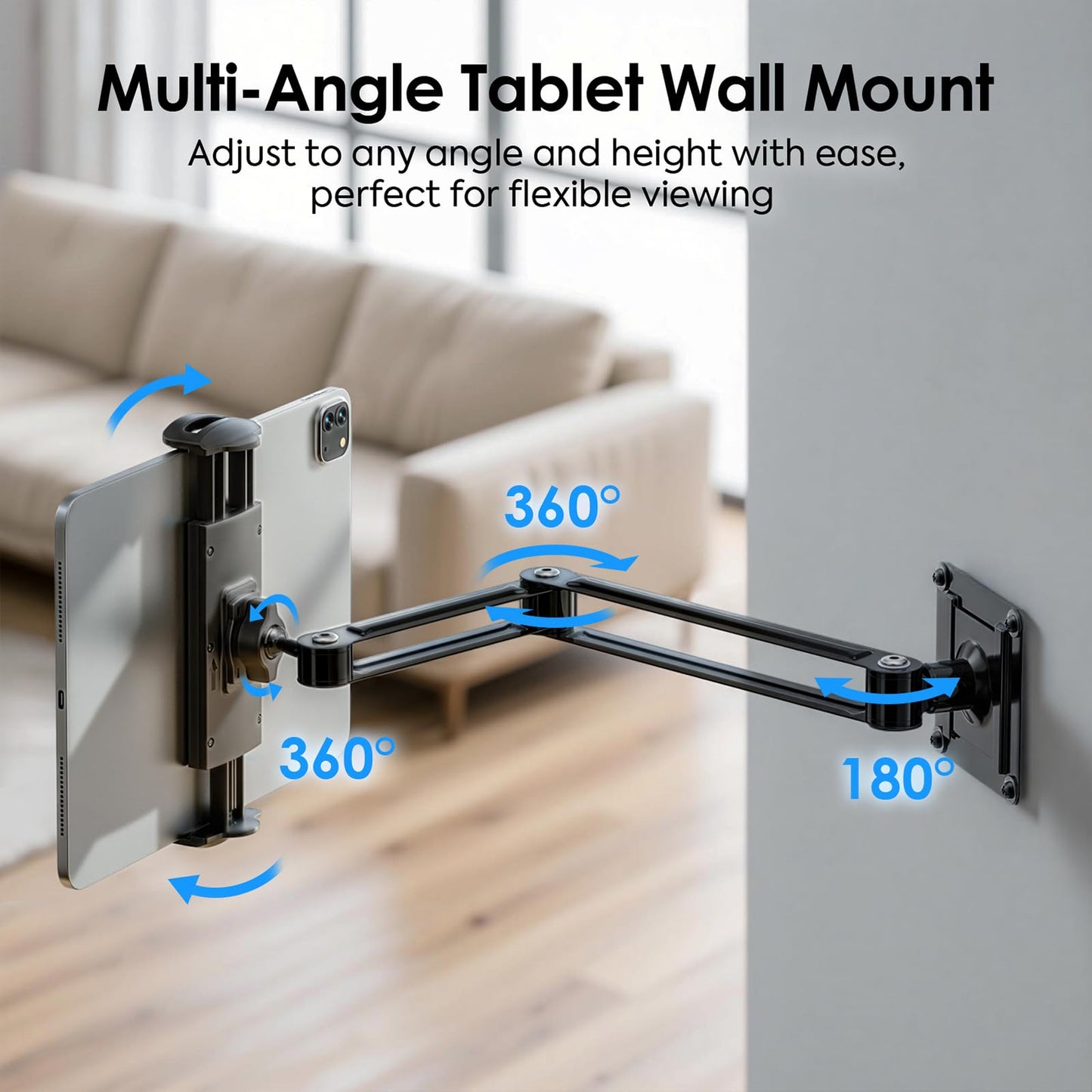 MoKo Universal Tablet Wall Mount, 360° Adjustable iPad Wall Mount for 4.7"-14'' Phones and Tablets, Expandable & Foldable Tablet Holder Wall made of Aluminum for Kitchen/Gym/Office, Black