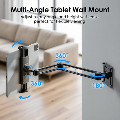 MoKo Universal Tablet Wall Mount, 360° Adjustable iPad Wall Mount for 4.7"-14'' Phones and Tablets, Expandable & Foldable Tablet Holder Wall made of Aluminum for Kitchen/Gym/Office, Black