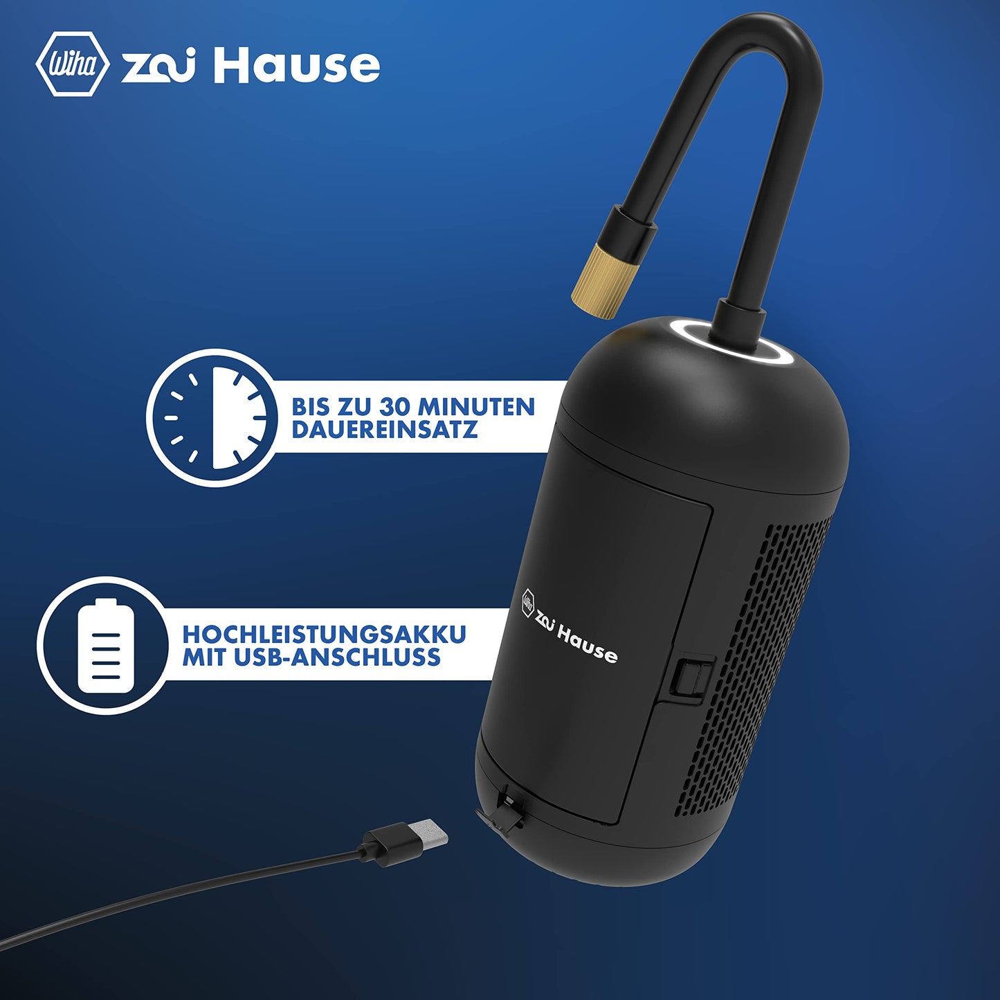 Wiha Home Electric Air Pump for Bike & Car with 3.7V Battery, includes adapters for Motorcycle/Ball/Tire/Car up to 10 bar/150 psi. Portable bike pump with LED ring light.