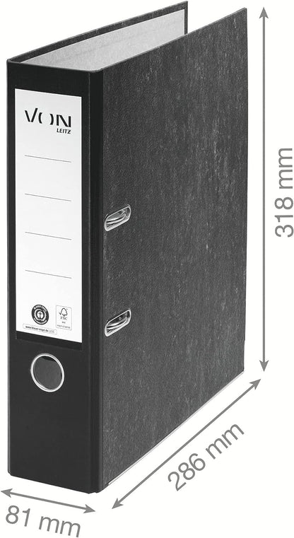Leitz set of folders with dividers, 5-pack A4 folders made of 100% recycled cardboard, holds 600 sheets, 80mm spine width, black, 10531095 & 10-pack 12-part dividers made of 100% recycled cardboard, 13010000