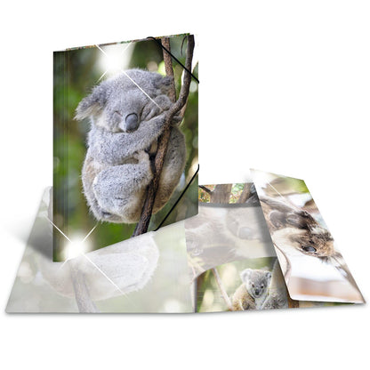 HERMA Folder A3 Koala, children's plastic corner clamp folder with animal motif, high gloss finish, elastic band, inner flaps and inner print for boys and girls.
